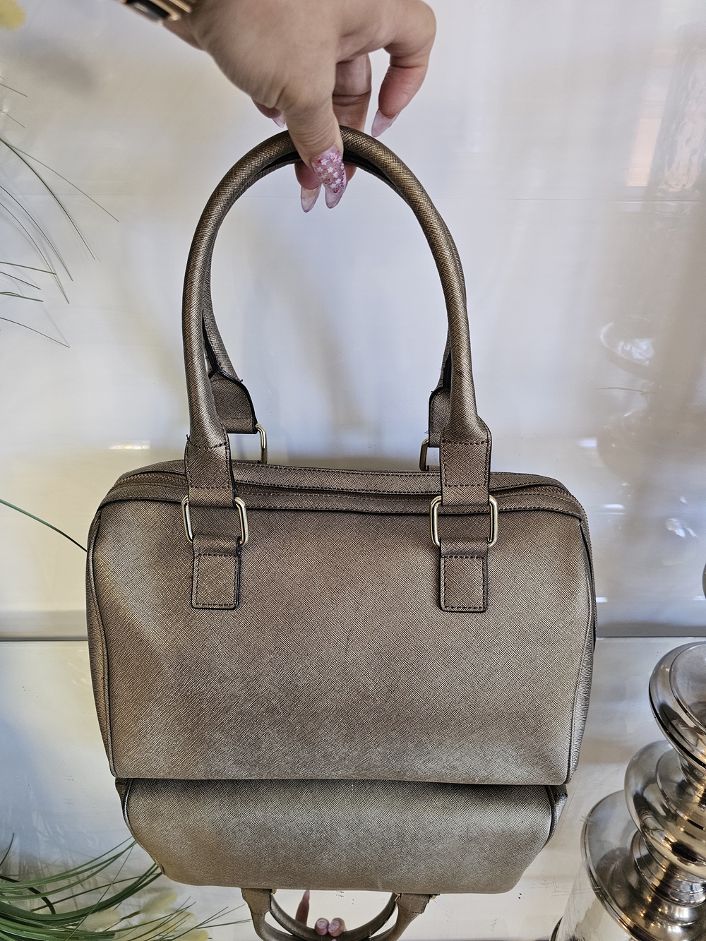 Calvin Klein Women's Metallic Taupe Structured Satchel Bag